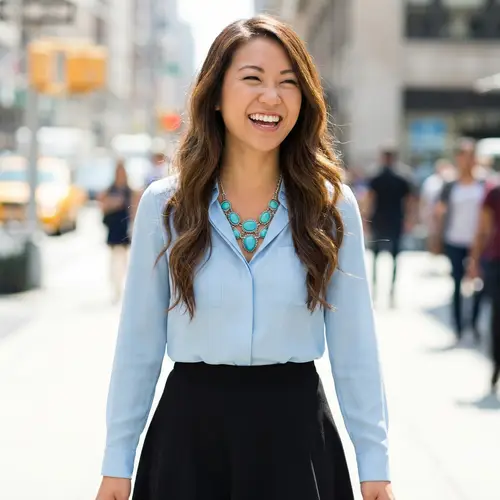 Young Asian Female with Long Brunette Hair in Stylish Outfit