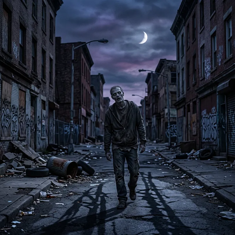 Eerie Zombie Scene on Dilapidated City Street | Haunting Atmosphere