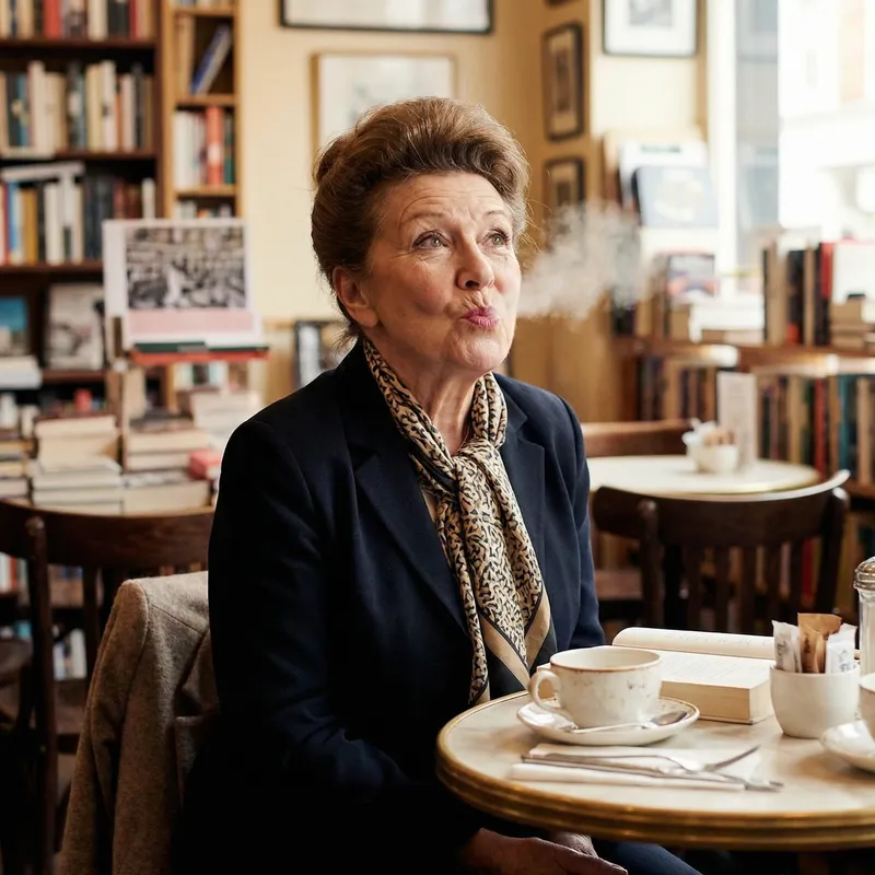 Elegant Lady Exhaling in a Humorous Pose