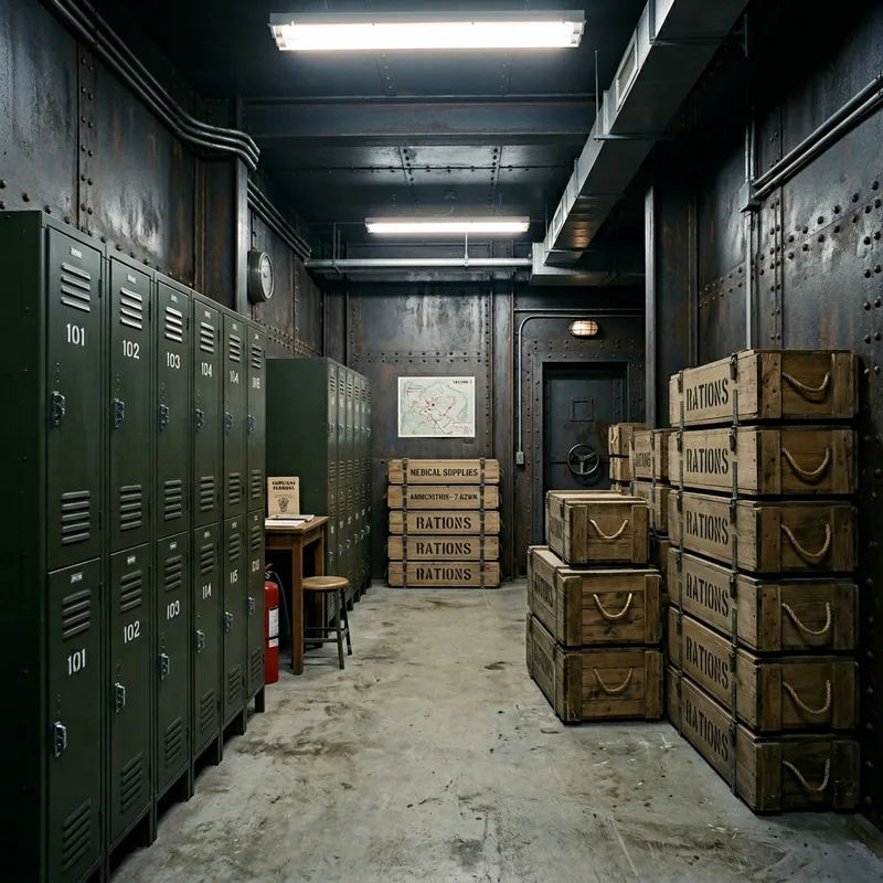 Orderly Bunker Room with Wooden Crates and Lockers