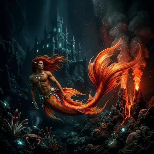 Merman with Tan Skin and Long Red Hair Living Deep Underwater