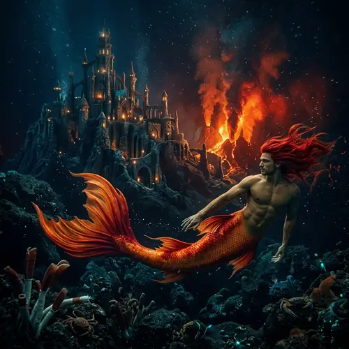 Merman Deep Underwater with Tan Skin and Long Red Hair