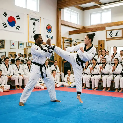Lively Taekwondo Demonstration in Well-Lit Dojo