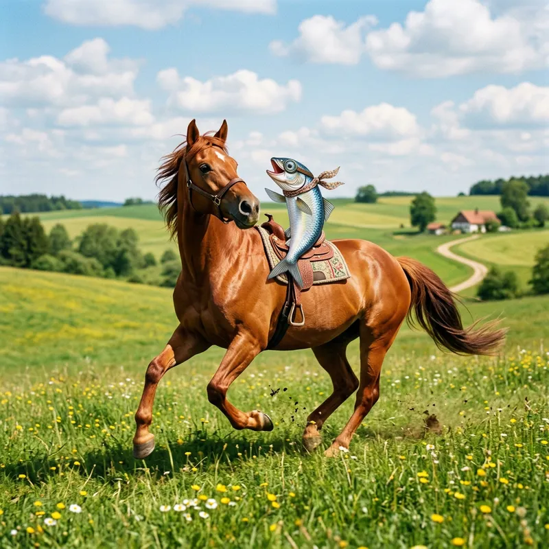 Whimsical Herring and Chestnut Horse Galloping in Sunny Field