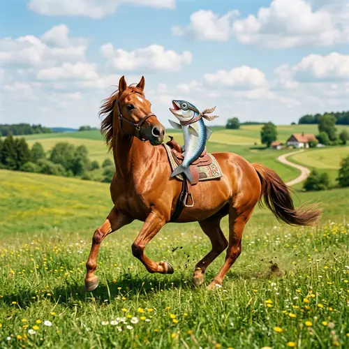 Whimsical Scene: Herring Riding Chestnut Horse in Sunny Field