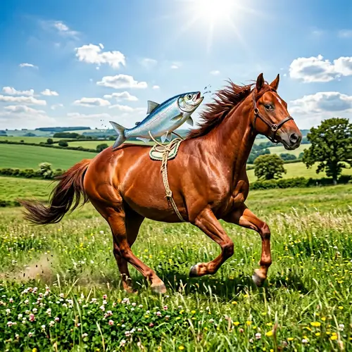 Whimsical Herring Riding Chestnut Horse Across Lush Field