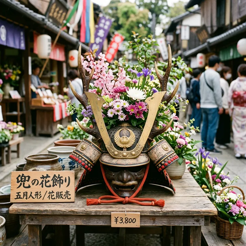 Kabuto Helmet Selling Flowers - Japanese Tradition