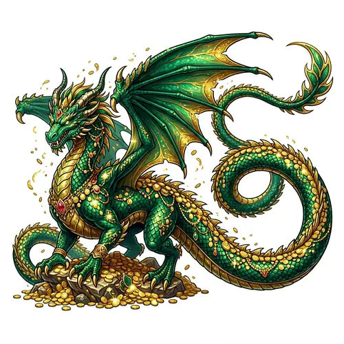 Magnificent Emerald-Green Dragon with Long Tail and Golden Coins