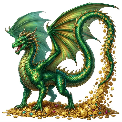 Vibrant Green Dragon with Hanging Tail and Golden Coins