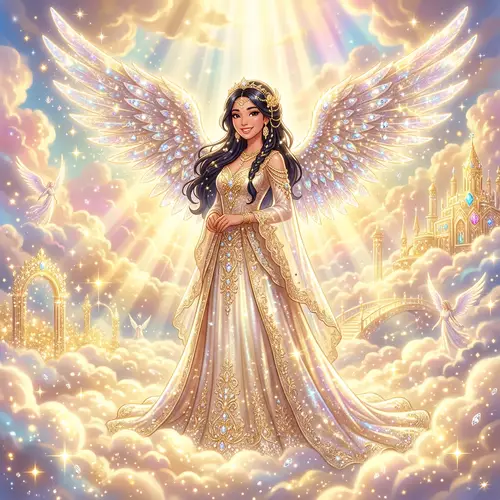 Beautiful Animated Asian Angel Woman with Sparkly Wings