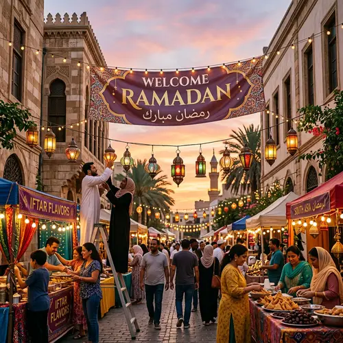 Welcome Ramadan Street Scene | Diverse Decorations & Food Stalls