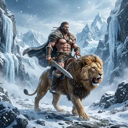 Mythical Figure Seated on Lion in Himalayas | High-Quality 3D Image