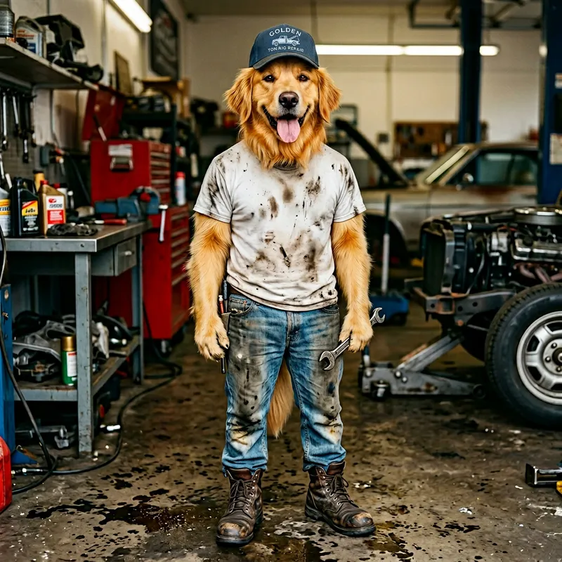 Playful Golden Retriever Mechanic Portrait