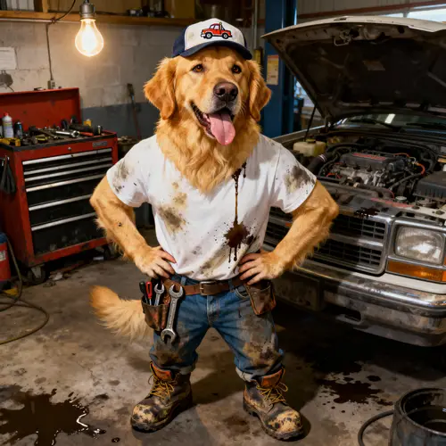 Playful Golden Retriever Mechanic Portrait