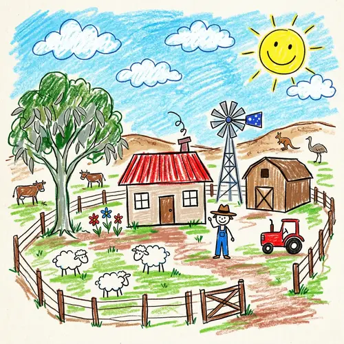 Charming Crayon Drawing of an Australian Farm