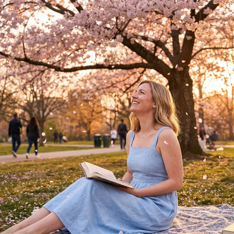 Happy and Healthy Woman in a Cherry Blossom Park