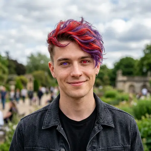 Young Man with Unusual Purple and Red Hair and Striking Eyes