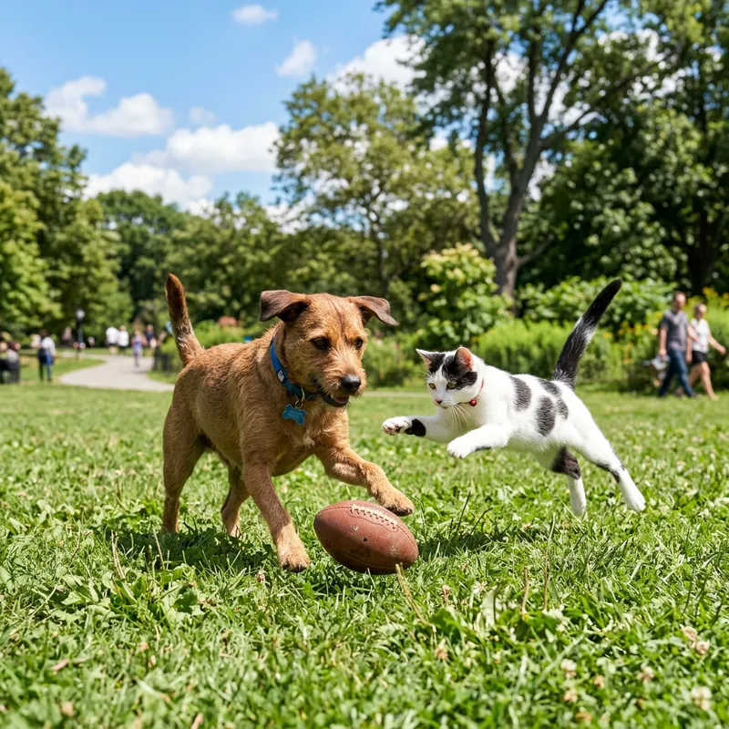 Dog and Cat Play Football at Local Park