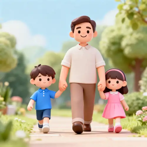 Family Mascot: Father with Two Kids Walking Together