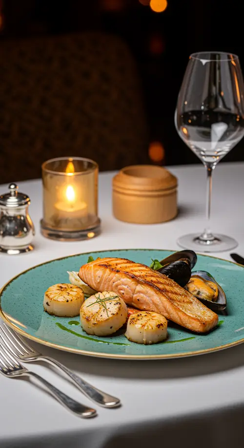 Elegant Seafood Dish: Salmon on Classy Table Setting