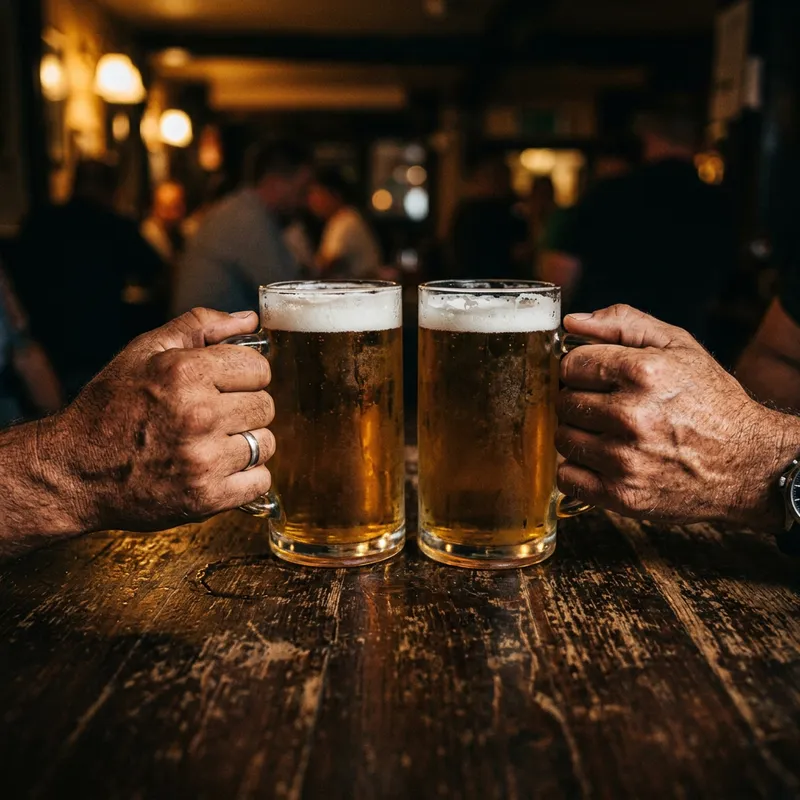 Cheers: Two Hands Clutching Beer Mugs