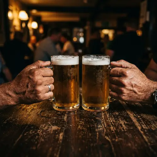 Cheers: Two Hands Clutching Beer Mugs