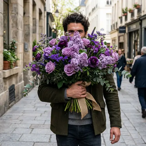 Handsome Man with Giant Purple Flower Bouquet