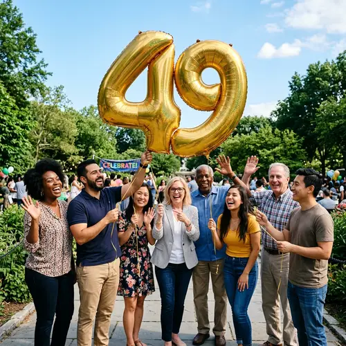 Diverse Group Celebrating with Number 49 Gold Balloon