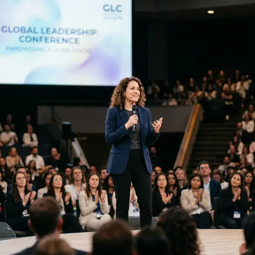 Female Speaker Inspires Audience on Stage