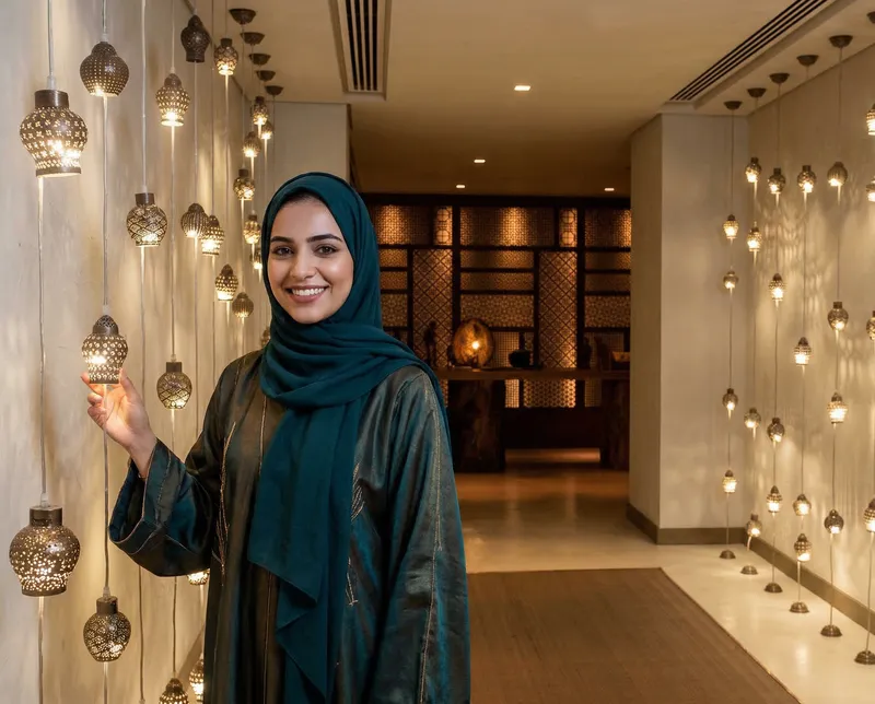 Elegant Arabic Lady Smiling by Restaurant Lights