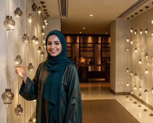 Elegant Arabic Lady Smiling by Restaurant Lights