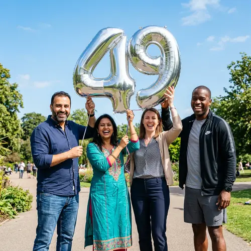 Diverse Group Celebrating with Number 49 Balloon