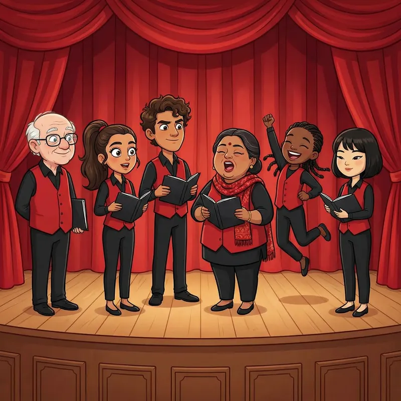 Cute Cartoon Choir in Red & Black Uniform Singing Harmoniously