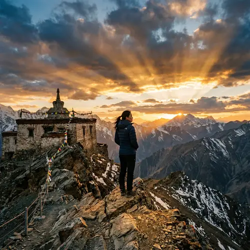 Stoic Sunset on Mountain Peak with Ancient Temple | Tranquil Landscape