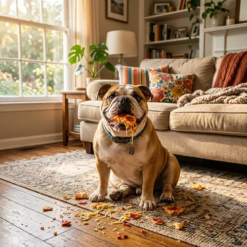 Playful Bulldog Enjoying Pizza in Cozy Living Room