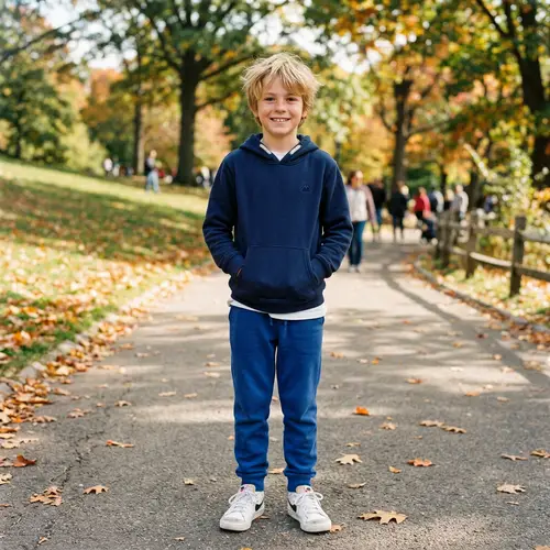 Boy with Blonde Hair in Navy Blue Hoodie and Sweatpants