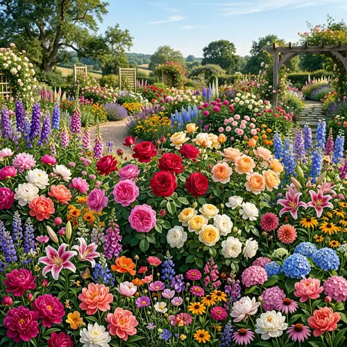 Large Floral Drawing with Diverse Flowers including Roses