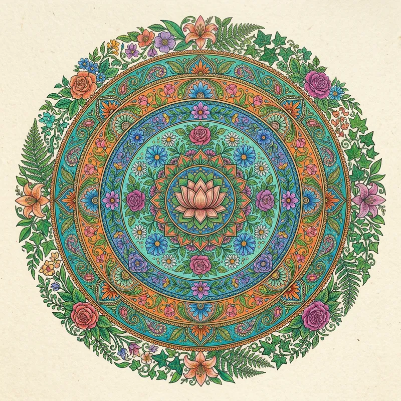 Vibrant Floral Mandala with Intricate Leaf and Flower Designs