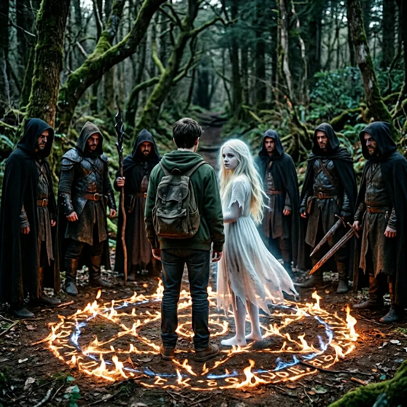 Boy and Phantom Girl Encircled by Sinister Figures