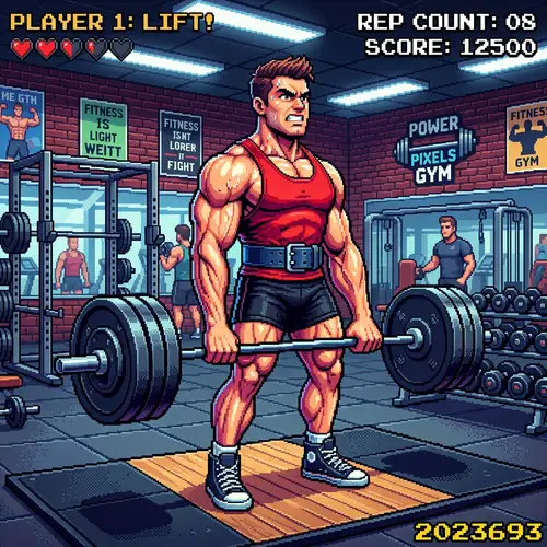 Pixel Art Fitness: Muscular Model Lifting Weights