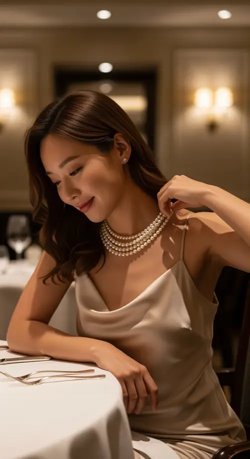 Elegant Korean Woman in Silk Dress at Fine Dining