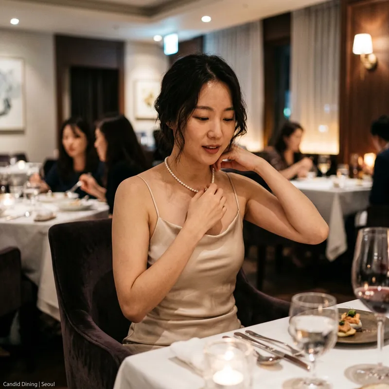 Elegant Korean Woman in Silk Dress at Fine Dining Elegant Korean Woman in Silk Dress at Fine Dining