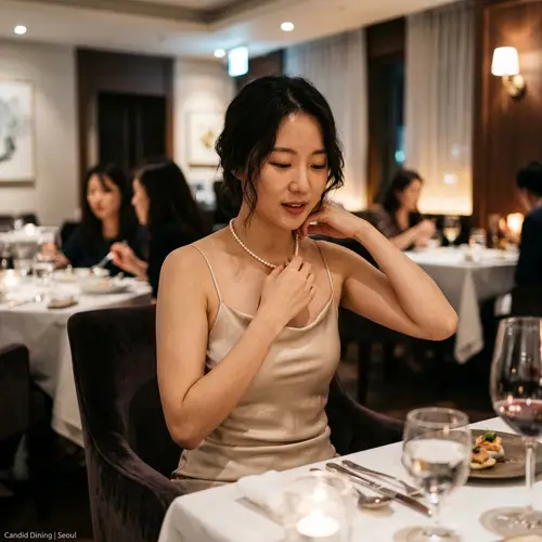 Elegant Korean Woman in Silk Dress at Fine Dining