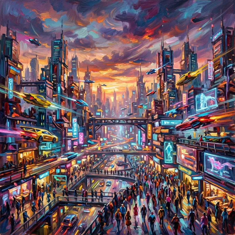 Vibrant Cyberpunk Cityscape at Sunset | Futuristic Impressionism Vibrant Cyberpunk Cityscape at Sunset | Futuristic Impressionism