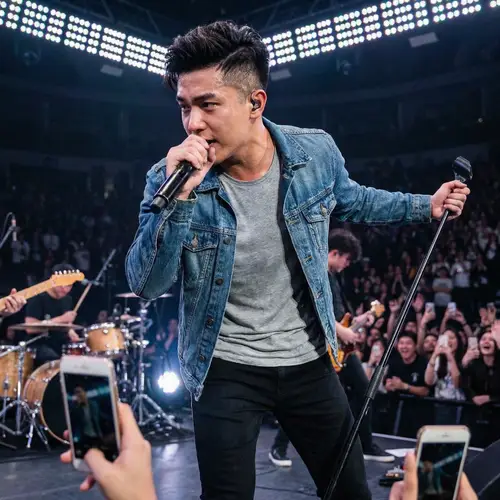 Passionate Asian Man Singing on Stage with Stylish Outfit