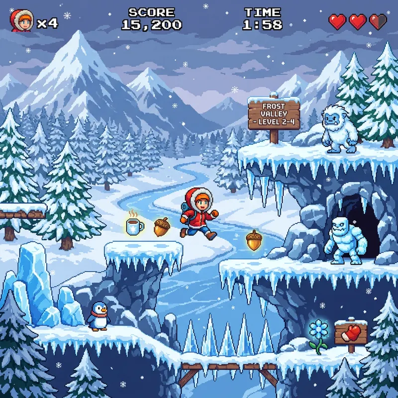 Snowy 2D Pixel Art Game Design - Super Mario Style
