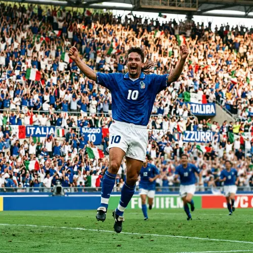 Roberto Baggio Celebrates Goal in Italy Kit