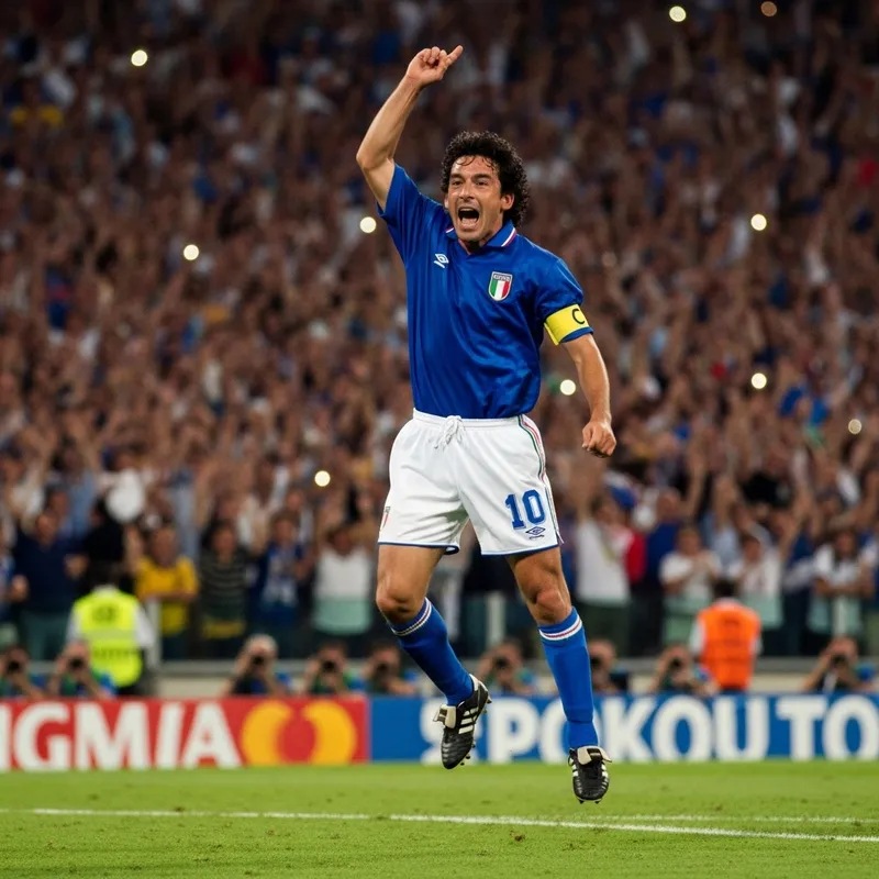 Roberto Baggio Celebrates Goal in Italy Kit