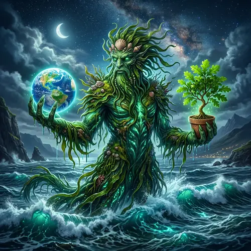 Mythical Green Seaweed Creature Holding World & Plant