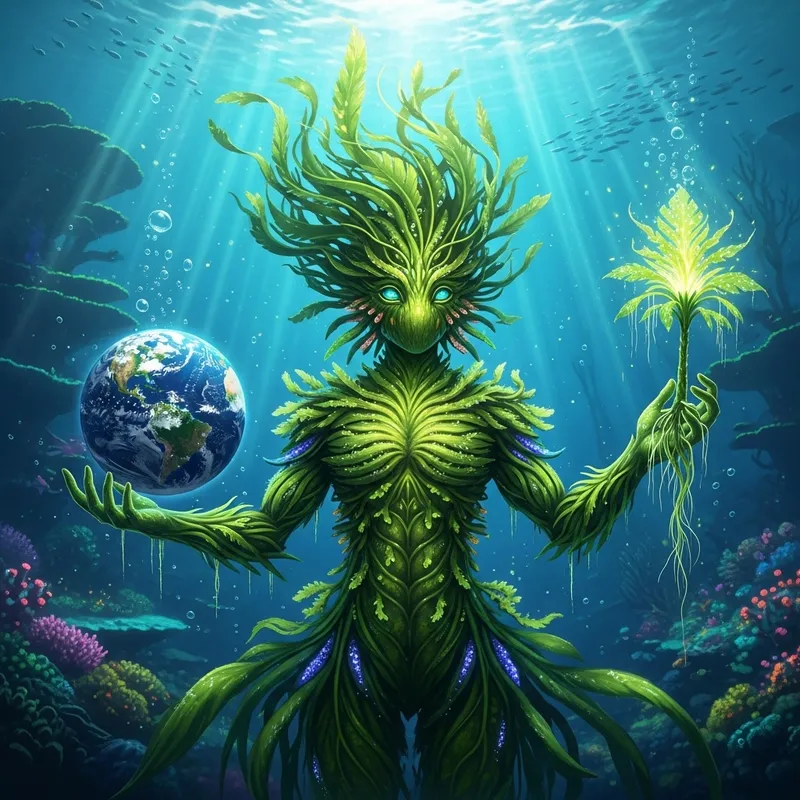 Mythical Green Seaweed Creature Holding World & Plant Mythical Green Seaweed Creature Holding World & Plant